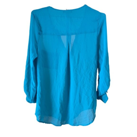 🌸Six Degrees Teal Sheer Long Sleeve Button Down Blouse with Pocket - Picture 3 of 4